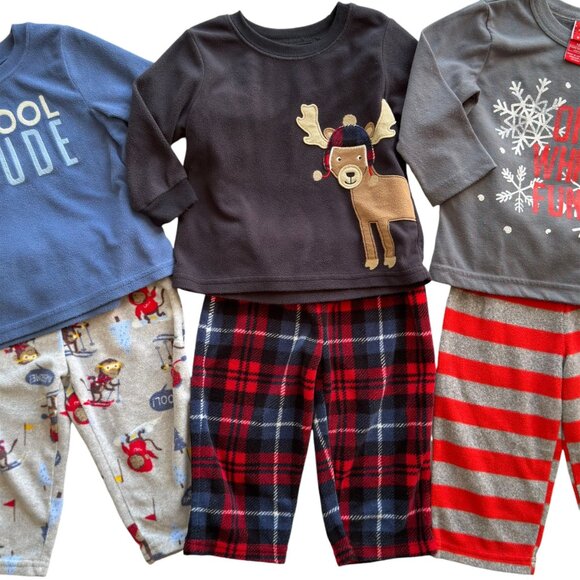 3 Pairs Baby Boy 2-Piece Holiday Fleece Pajama Sets 12M Moose Reindeer Snowflake - Picture 3 of 12